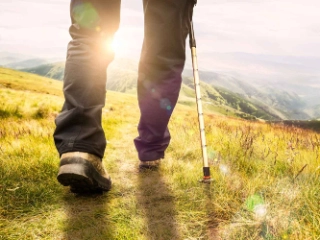 Person in Fruehpension am Wandern auf dem Gras in den Bergen.